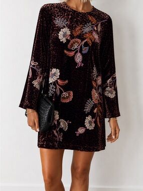 Johnny Was GINEVA Kimono Sleeve Embroidered Velvet Shift Leopard Dress Med NEW